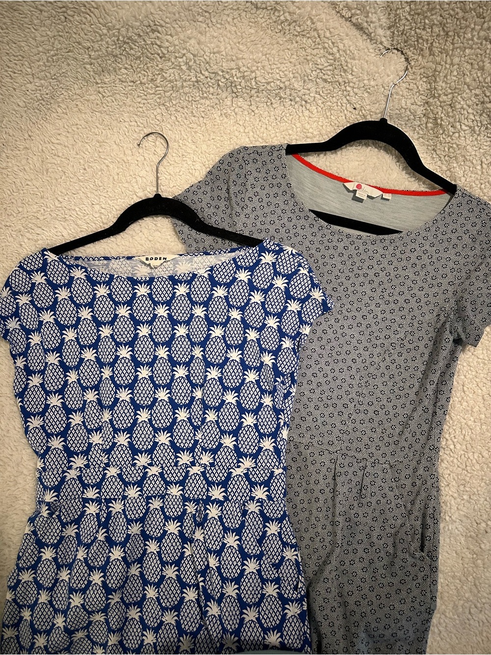 Lot of 2 Boden Jersey Dresses: Blue Pineapple Print Dress & Grey Floral Dress